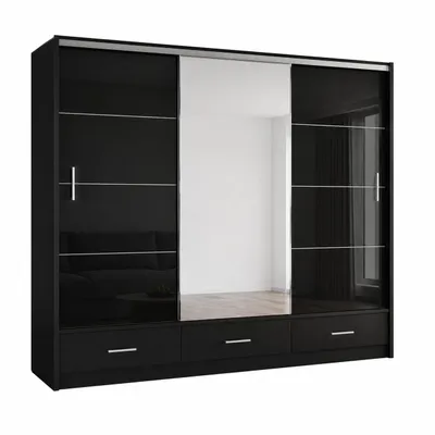 Produktbild von Schwebetürenschrank MARSEILLE 250 cm mit Spiegel & Schublade – Kleiderschrank Hochglanz modern Schlafzimmer (Schwarz)