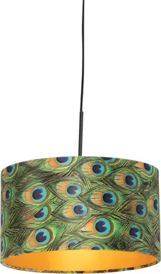 Produktbild von QAZQA - Klassisch I Antik Hängelampe I Pendellampe I Pendelleuchte mit Veloursschirm Pfau mit Gold I Messing 35 cm - Combi I Wohnzimmer I Schlafzimmer - Textil Zylinder I Länglich I Rund - LED geeigne