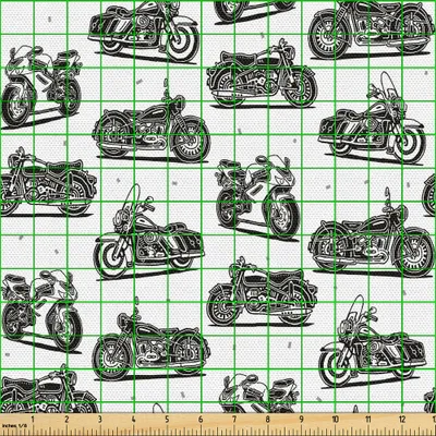 Produktbild von ABAKUHAUS Motorrad Gewebe als Meterware, Retro- Motorrad-Zeichnungen von altmodischen und modernen auf weißem Hintergrund, 10 M (148 x 1000 cm), Schwarz Weiß Grau