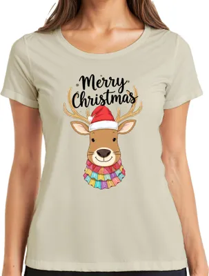 Produktbild von Merry Christmas Weihnachten Rentier Nikolausmütze niedlich bunt Damen T-Shirt, Natur, S