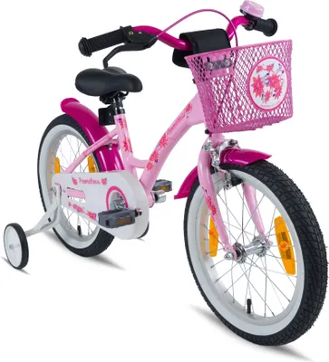 Produktbild von PROMETHEUS Mädchenfahrrad 16 Zoll in Rosa Lila & Weiß mit Stützräder | Aluminium Seitenzugbremse und Rücktrittbremse | inkl. Sicherheitspaket | ab 5 J
