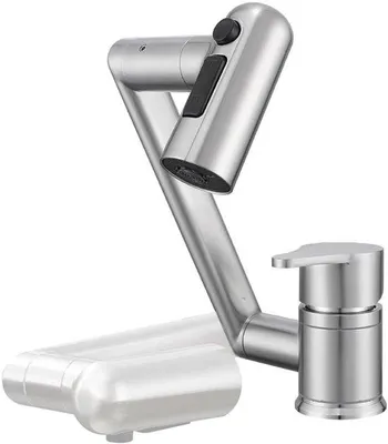 Image de Robinet de cuisine Unyqoos® avec bec rétractable – rotation à 360°, 3 types de jets, installation sur un seul trou, acier inoxydable 304, idéal pour les fenêtres et les espaces réduits
