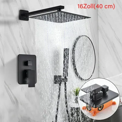 A modern black shower system installed on a marble-tiled wall, with water flowing from the showerhead.