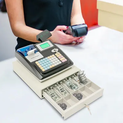 Obrázok produktu pre Elektronická registračná pokladňa - pokladničný systém POS - 48 tlačidiel - LED displej - termotlačiareň - podpora viacerých platobných metód - biela
