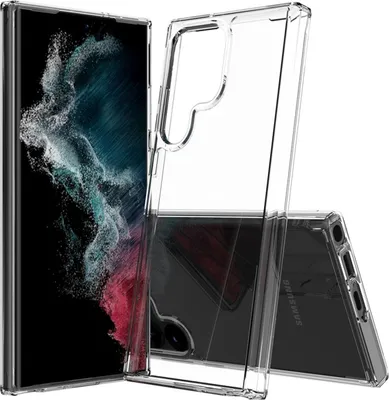 A clear phone case is shown next to a smartphone.