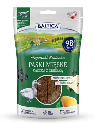 Produktbild von BALTICA Przysmaki Regionów Mono Fleischstreifen Ente mit Birne – Leckerli für Hunde – 90 g