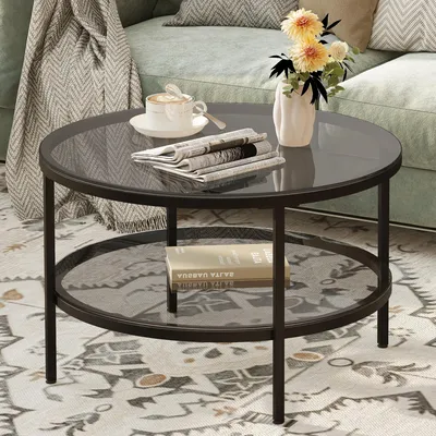 Runder Couchtisch 66 cm, 2-stöckig, schwarzes Glas, Metallbeine