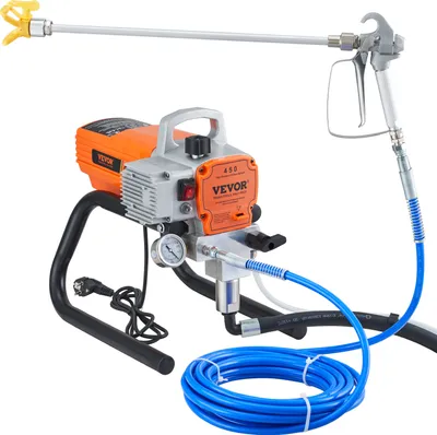 A VEVOR airless paint sprayer with its accessories, including a hose and spray gun, is displayed against a white background.