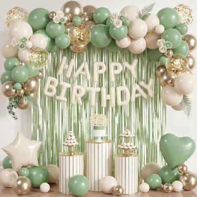 Image de Kit de décoration pour anniversaire - Combinaison de couleurs vert sauge et or - Décoration pour fêtes - Vert sauge et or