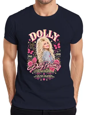 Productafbeelding van Dolly Parton. In liefdevolle herinnering. 1946-2026. Country muzieklegende. RIP. Heren T-shirt, marineblauw, maat XL