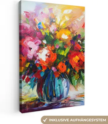 Produktbild von MuchoWow® - Leinwandbilder - Blumen - Bunt - Blumentopf - Ölgemälde, Wandbild, Wanddeko Bilder Wohnzimmer, 80x120 cm