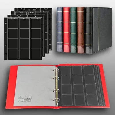 Produktbild von Prophila Collection Münz-Album mit 4 Hüllen (Schwarze Zwischenblätter) für 110 Münzen rot