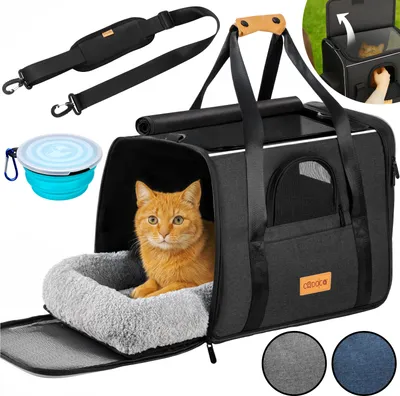 Image de CADOCA® Sac de transport pour chat chien max. 20kg Anthracite pliable avec bandoulière caisse de transport chat respirant avec gamelle