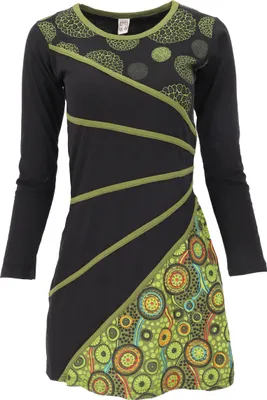 Produktbild von Hippie Minikleid Boho Chic, Tunika - Schwarz/grün, Damen, Baumwolle, Größe: S