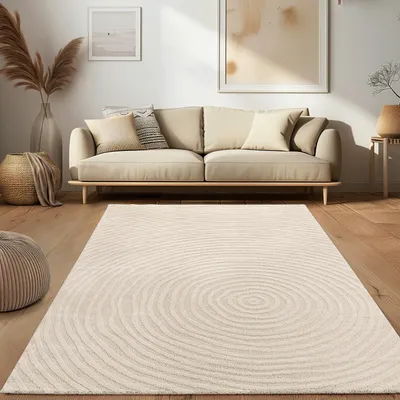 Image de Tapis de salon Skandi Japandi Boho Abstract Motif 3D Uni Crème Dimension 80x150 cm