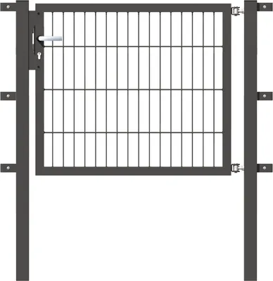 A dark gray metal garden gate with a silver handle is shown against a white background.