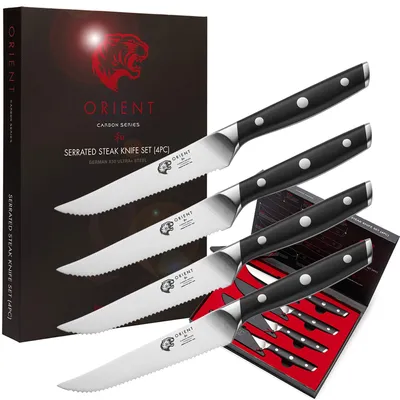 Produktbild von Orient Steakmesser Set 4-teilig, Wellenschliff 12,7 cm, Deutscher Thyssenkrupp X50+ Edelstahl, Profiqualität, Geschenkverpackung, Schwarz/Silber