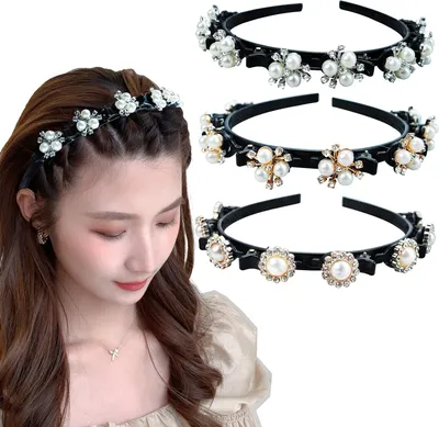 Produktbild von 3 Stück Haarreifen mit Klammern, Bangs Hairstyle Hairpin, Glitzer Perlen Blumen Haarclips Haarbänder Frisurenhilfe Haarreif mit Clips, Twist Clip Stirnband Haarhalter Harrschmuck für Damen Mädchen