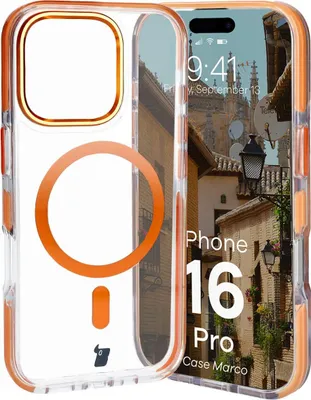 Produktbild von Bizon Case Marco Magnetische Ringhülle für iPhone 16 Pro, Transparent mit orangefarbenem Rahmen
