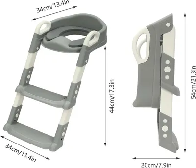 Produktbild von Kindertoilettensitz - Toilettentrainer mit Treppe - Faltbar - Höhenverstellbar 6 Stufen - Für V/U/O-Toiletten - 2–7 Jahre - Grau
