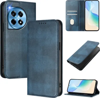 Produktbild von Handyhülle für OnePlus 12R, Vintage Leder RFID Schutz Kartenfach Standfunktion Magnetische Klapphülle Blau