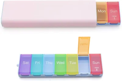 Imagen del producto de Caja para pastillas con 7 compartimentos de diferentes colores, compacta, fabricada en ABS y PP, unidad individual, para la organización de medicamentos
