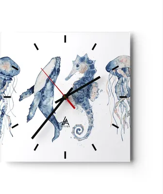 Produktbild von Wanduhr - Quadrat - Glasuhr - Tiere Marine Kinder - 30x30cm - Schleichendes Uhrwerk - Lautlos - zum Aufhängen bereit - Dekoration Modern - Wanddekoration aus Glas - C3AC30x30-4262