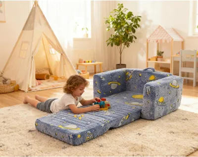 Image de Canapé enfant pliable en peluche, motif astronautes lumineux, lavable, bleu/vert