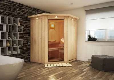 Produktbild von Karibu Sauna Innensauna Nanja Eckeinstieg Ofen 3,6 kW -Ofen externe Strg. easy 151x151x198 cm ohne Dachkranz mit Bronzierter Tür