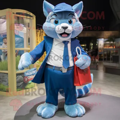 Produktbild von Blaue REDBROKOLY Katze Maskottchen Kostüm figur bekleidet mit einem Hemd und Geldbörsen