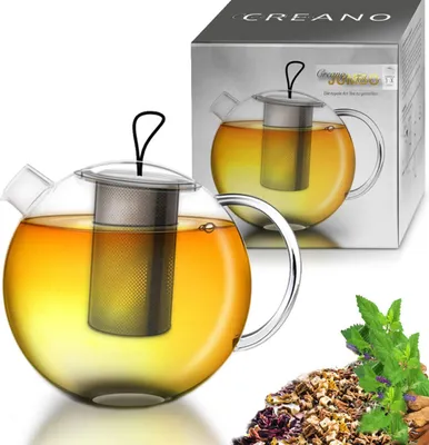 Produktbild von Creano Teekanne "Jumbo" aus Glas, 3-teilige Glasteekanne im Teekannenset mit integriertem Edelstahl-Sieb & Glas-Deckel, multifunktionale Design-Glas-Teekanne, all-in-one, 1,0l