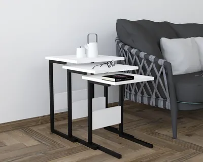 Nesttisch-Set 3er, Melamin-beschichtet, Eisenbeine, 40x55x40 cm