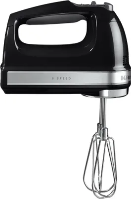 A black KitchenAid hand mixer with silver accents and beaters attached, shown against a white background.