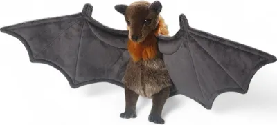 A stuffed toy bat with outstretched wings against a white background.