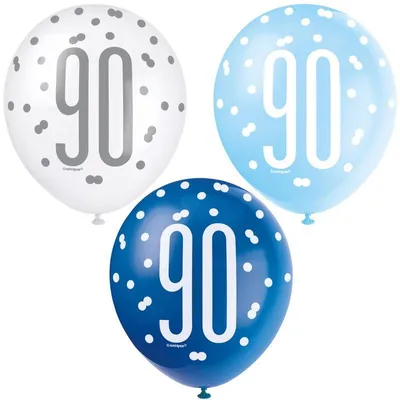 Produktbild von 6 Luftballons blau & silber Zahl 90