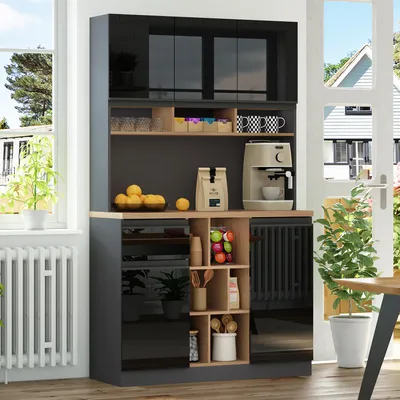 Image de OKWISH Buffet - Meuble D’Entrée Avec Tiroirs Et Portes, Étagères Réglables Et Niches Ouvertes, MDF - Gris Noir