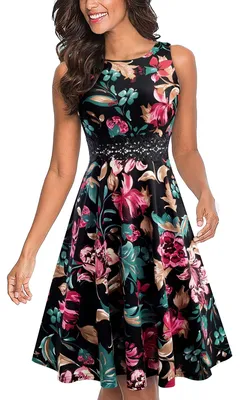 Produktbild von Cocktailkleid A-Linie - Elegantes ärmelloses Kleid - Blumenborte - Knielang - Rundhals