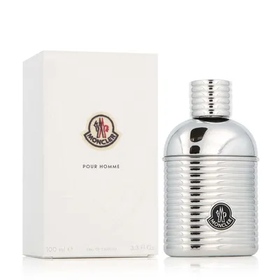 A bottle of Moncler Pour Homme Eau de Parfum and its packaging are displayed against a white background.