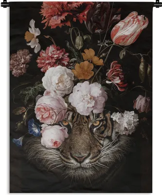 Produktbild von MuchoWow® Wandteppich Wandbehang Tiger - Blumen - Tierkopf 120x160 cm Tapisserie Dekoration Wandtuch - Wohnzimmer - Moderne