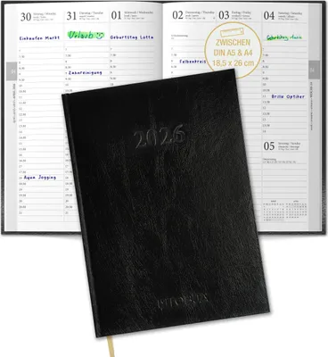 Produktbild von Buchkalender 2026 - Terminplaner 2026 A4 mit 30-Minuten-Taktung 7-21 Uhr - Größe A5 - A4 18,5 x 26 cm, Große Schrift, flexibles Hardcover, Lesebändchen. Kalender 2026 A4.