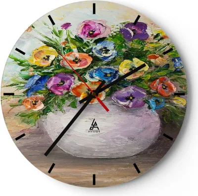 Produktbild von Wanduhr - Rund - Glasuhr - Blumen Blumenstrauß Vase bunt - 30x30cm - Schleichendes Uhrwerk - Lautlos - zum Aufhängen bereit - Dekoration Modern - Wanddekoration aus Glas - C3AR30x30-2915