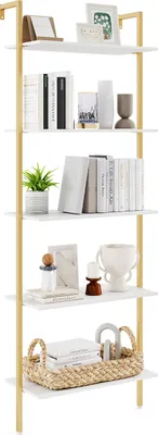A multi-shelf ladder bookshelf displaying various decorative items and books.