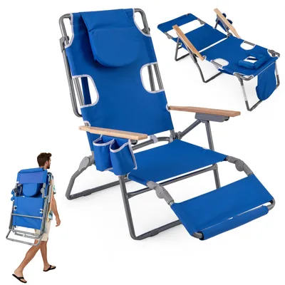 Produktbild von COSTWAY Strandstuhl klappbar, Campingstuhl mit Fußteil, verstellbarer Rückenlehne, Kopfstütze & Getränkehalter, Klappstuhl mit Liegefunktion Blau