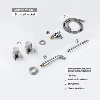 Produktbild von Duschset mit Mischbatterie - 2-Wege Duscharmatur - Warm- und Kaltwasser - Massiv Messing - Runder Duschkopf - Duscharm 21 cm - Wannenauslauf 15/21/26 cm - Gebürstetes Nickel