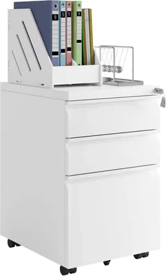 A white metal filing cabinet with three drawers is shown on a white background. On top of the cabinet is a white document sorter with several folders and a Newton's cradle.