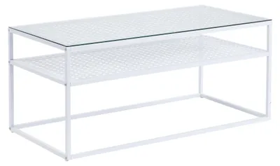 Image de WOHNLING Table basse rectangulaire en verre 100 cm blanche Table de salon moderne avec piètement métallique et tablette au design industriel Table basse avec plateau en verre
