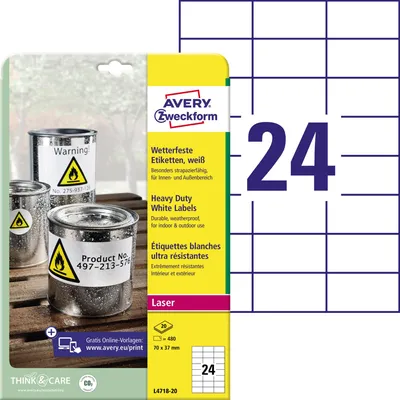 Imagen del producto de Etiquetas resistentes a la intemperie Avery Zweckform, 70 x 37 mm, color blanco