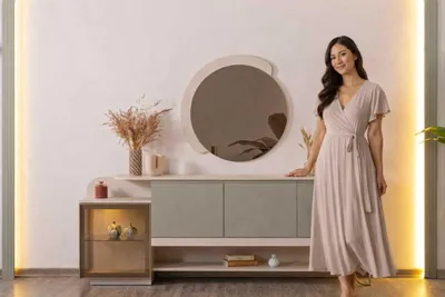 Produktbild von Sideboard Spiegel Stil modern Farbe beige hellgrün Holz neu Wohnzimmer