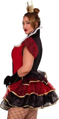A woman wearing a Queen of Hearts costume.