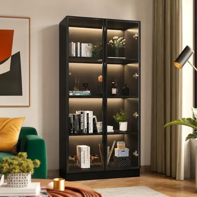 Produktbild von Schwarze Vitrine 80x40x160cm, 2 Glastüren & 3-farbiger LED-Beleuchtung, 4-Lagen Vitrinenschrank, Push-to-Open, P2 MDF, für Sammlungen & Wohnzimmer